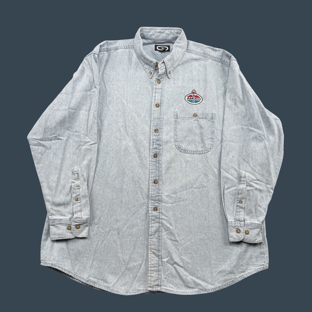 VTG‎ Amoco Button Down Shirt Mens XL Blue Three Rivers 100% Cotton